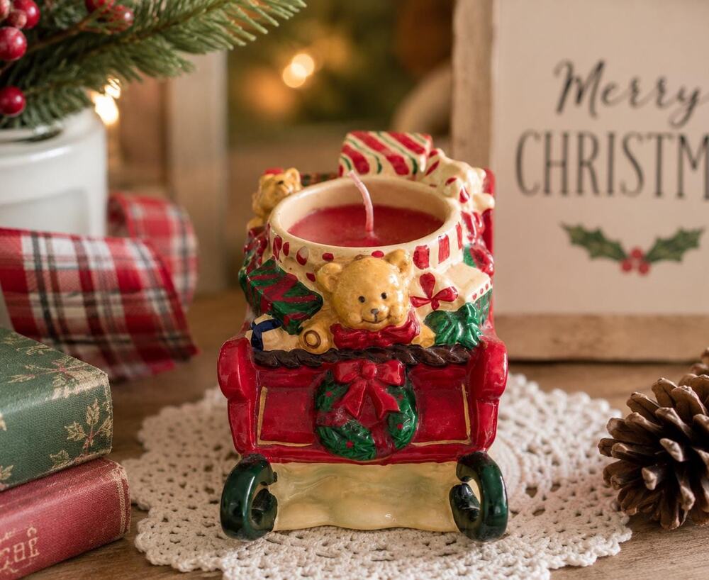 Vintage Christmas Sleigh Candle Holder Teddy Bear Holiday Decor